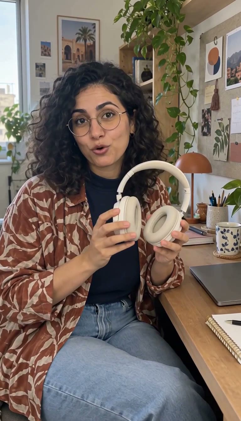 A creator with round glasses holding ivory headphones in a home workspace