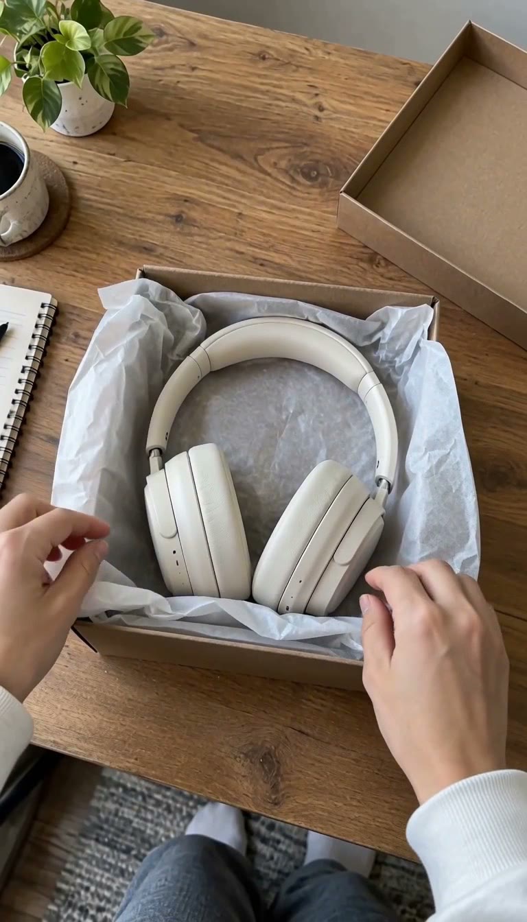 Hands revealing ivory headphones in a tissue-lined box on a wooden table