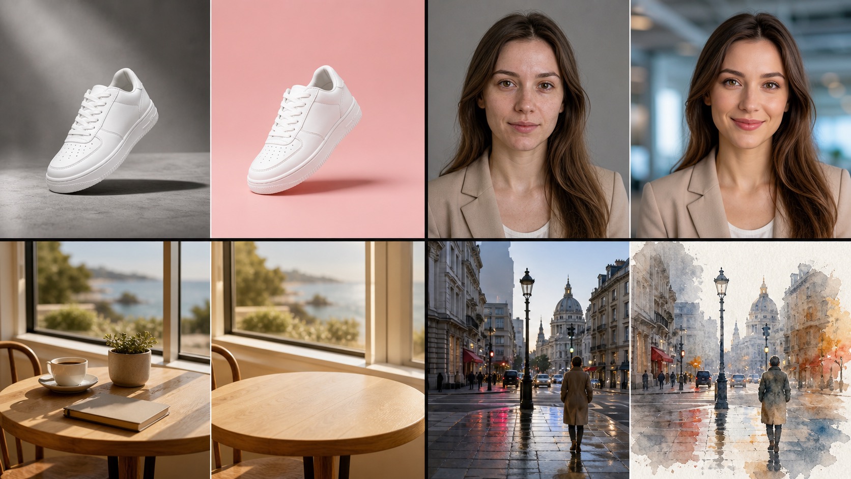 AI image editor background, portrait, cleanup, and style edit examples
