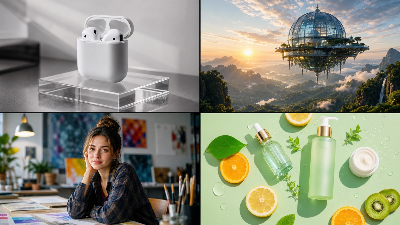 AI image generator product, portrait, artwork, and social visual examples
