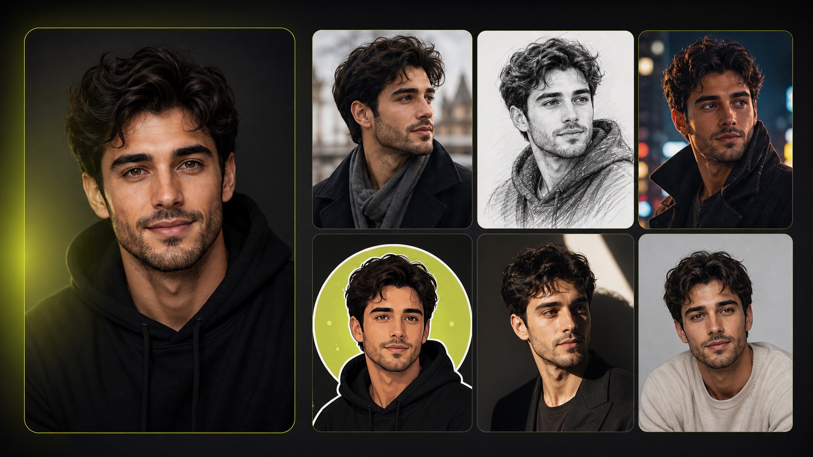 AI face to many portrait style variation result board