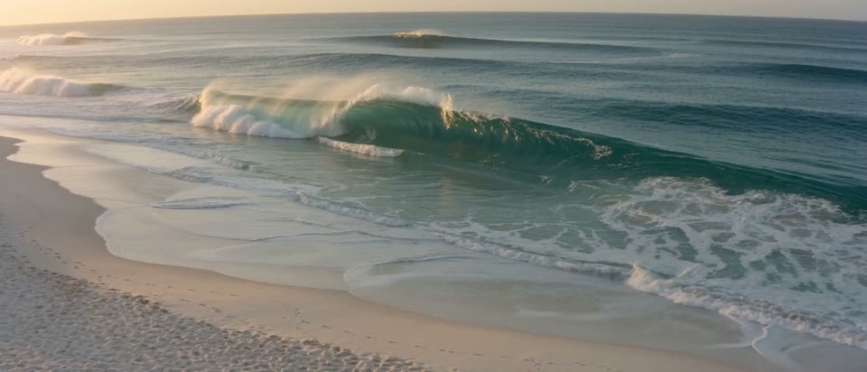 Seedance 2.0 Fast: An aerial view of turquoise waves meeting a beach.