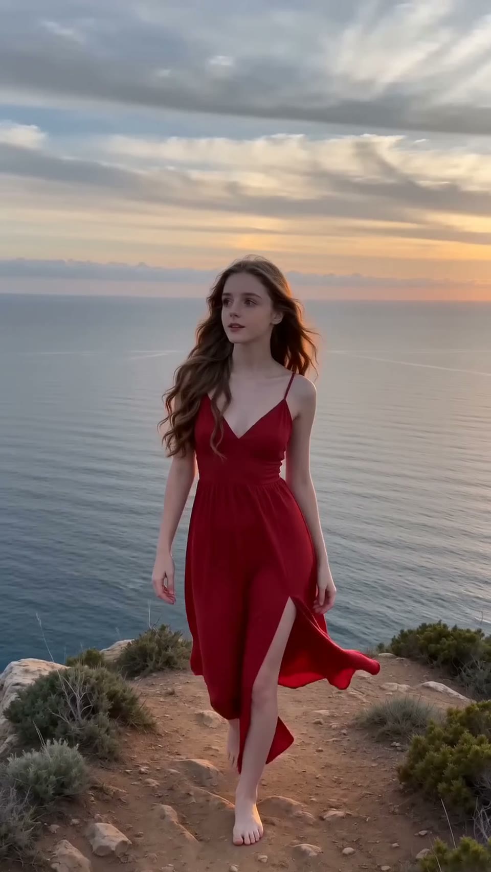 Seedance 2.0 Fast: A woman in a flowing red dress on a cliff at sunset.