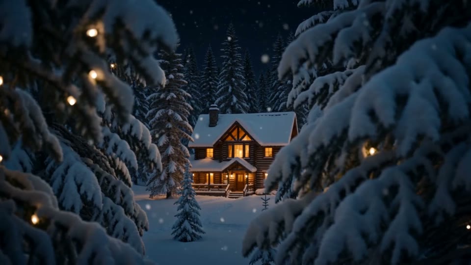 Seedance 2.0: A slow camera move toward a cabin in falling snow.