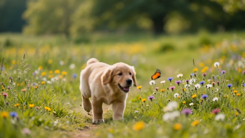 Seedance 2.0: A puppy moving through a meadow with butterflies.
