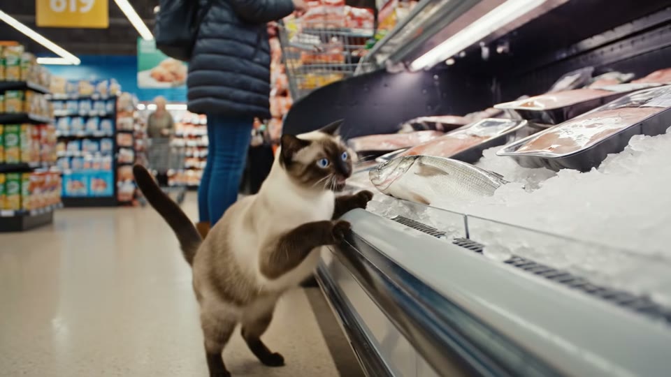 Veo 3.1: A cat takes a fish from a supermarket and runs away.