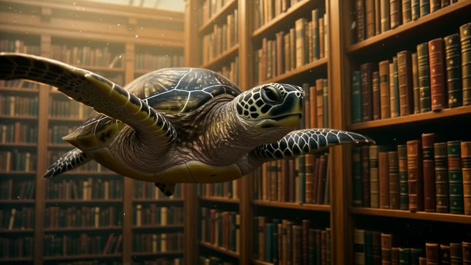 Wan 3.0: A sea turtle swimming through a library.
